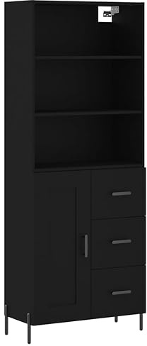 Modern Grey Pine and Oak Brown Plywood High Sideboard Space Saving Storage Unit for Living Room and Kitchen 69.5 cm Wide Contemporary Furniture Cabinet with Drawers (Black)