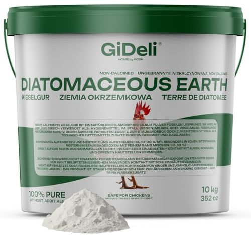 GiDeli Kieselgur 10kg im Eimer - Diatomeenerde für Hühner & Garten - Amorphes Silikatpulver aus fossilen Kieselalgen, hohe Absorption, als Einstreuzusatz und für das Sandbad geeignet | Dauerbedarf für den größeren Bestand, ein verschließbarer Behälter, stapelbar, feines Mehl, gleichmäßig zu verteilen