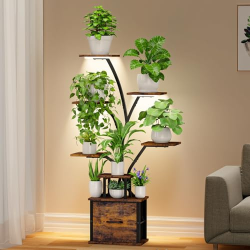 Vestibk Plant Stand Indoor with Grow Light, 8 Tiered Indoor for Multiple Plants, 62'' Plant Shelf with Removable Drawer, Corner Plant Stand Holder for Living Room, Patio, Balcony Décor