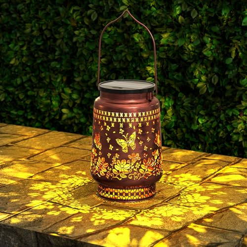 MALUX Lámpara solar de mariposa para exteriores, IP44, resistente al agua, lámpara solar con luz LED blanca cálida, lámpara colgante inalámbrica portátil para jardín, regalo perfecto para mujeres