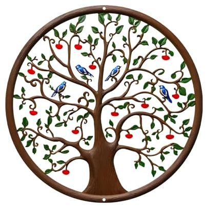 ESTART Árbol de la vida de metal de 28 cm, decoración de pared, árbol genealógico con pájaros en rama, decoración artística para balcón, terraza, porche, dormitorio, jardín, oficina y casa de campo