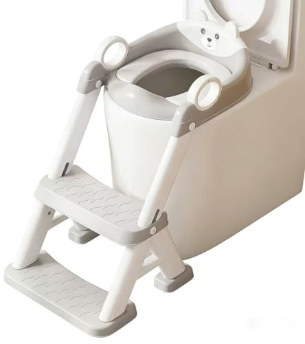 Toilettentrainer für Kinder für Jungen und Mädchen, 2 in 1 Kind Toilettensitz mit Treppe, Spritz und Rutschfestes Trittbrett, 6-stufig höhenverstellbar, PP/TPR/PVC Material，54 x 35 x 20 cm (Grau)