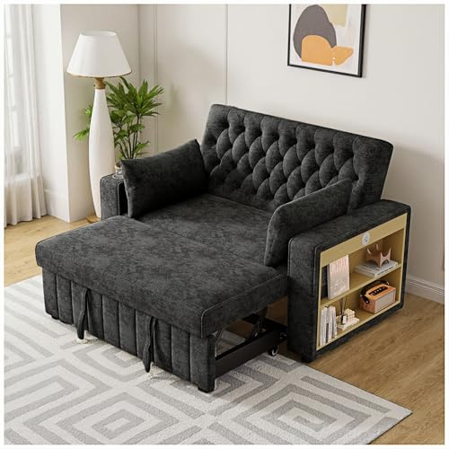 Wyibwy Sofá cama moderno de dos plazas, convertible con portavasos, puertos de carga USB y almohadas, espacio de almacenamiento y función de cama (gris)