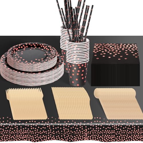 hailstones Nero Oro Rosa Stoviglie per Feste 226 Pezzi Stoviglie Carta Set Include Piatti di Carta Tovaglioli Tazze Tovaglia, per Nuziale Doccia, Fidanzamento, Matrimonio, Compleanno (25 Ospiti)