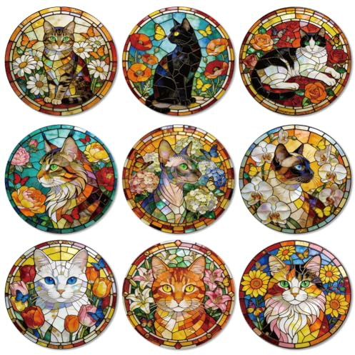 ANATTASOUL 9 piezas Gatos de cristal y flores Muster Coaster para casa | Coaster - Coasters - Coaster redondo para bebidas para casa, bar, oficina