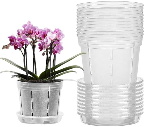 Riisoyu Vasi per Orchidee Trasparenti, 10 Pezzi Vaso per Orchidee Trasparente con Fori di Drenaggio e Sottovaso Vasi Piante Plastica da Interno Vaso Orchidea per Giardino Balcone