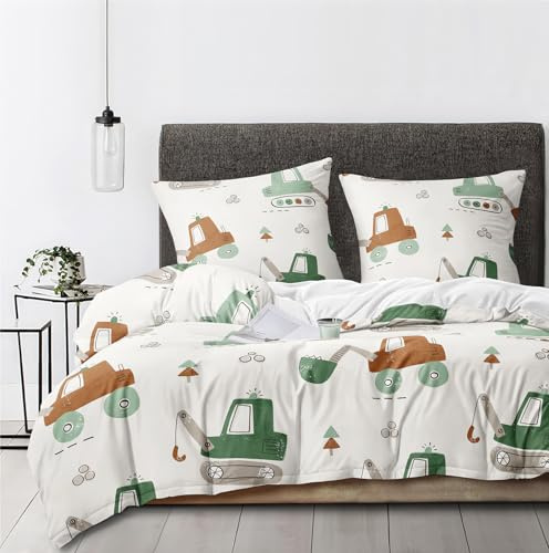 Boqingzhu Kinder Bettwäsche 135x200 cm Bagger 2tlg. - Weiß | Grün Braun Beige, 3D Mikrofaser mit Reißverschluss, OEKO-TEX Zert, Sicher, Weich, für Mädchen und Jungen