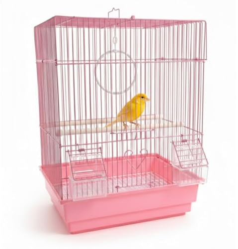 MOLY Jaula Rosa Pajaros Desmontable 46 x 28 x 35 | Pajarera Grande con Bandeja Extraíble | Incluye 2 Palos, 2 Comederos y Columpio | Ideal para Canarios, Periquitos y Aves Medianas | Fácil Limpieza