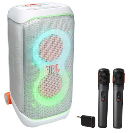 JBL PartyBox Stage 320 - Altoparlante portatile per feste con sistema di microfono wireless (bianco)