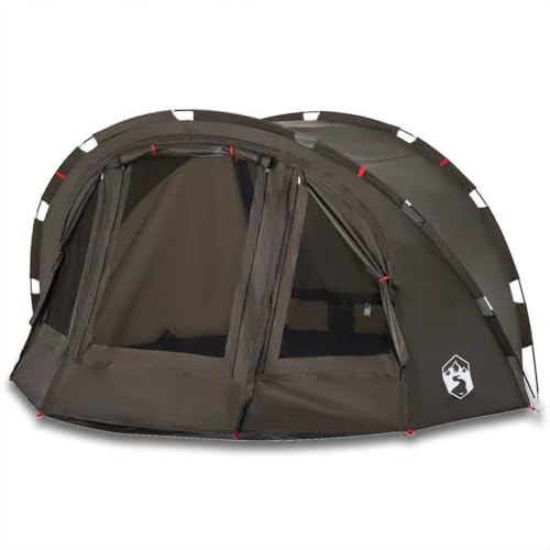 Fisketält för 4 personer, brunt, vattentätt av 190T polyester med PU-beläggning, 298 x 236 x 152 cm, med e-anslutning, två ingångar och fönster