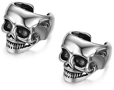 JewelryWe Herren Non-Piercing Ohrklemme Ohrclips, Retro Blumen Muster/Totenkopf/Feder/Blatt Edelstahl Zirkonia Fake Piercing Ohrringe Ohrstecker Ohr Klammern Ohne Loch, Schwarz/Weiß Silber