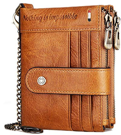 REETEE Geldbörse Herren Echtem Leder Brieftasche RFID Schutz Portemonnaie Klein mit Kette, Ledergeldbörse Geldbeutel Männer 19 Kartenfächern und Portmonee Reißverschluß Münzfach