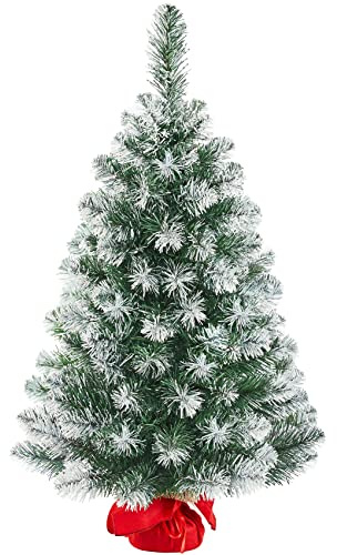 costoffs 1Pcs Frosted Christmas Tree with Cement Base, 3ft, Green & White | 90cm Tabletop Artificial Xmas Tree | Stable Red Cloth Bag Base | Festival & Home Decoration