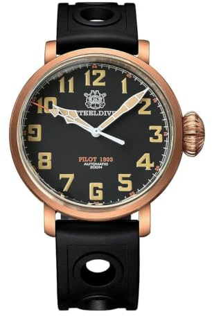 Steeldive Taucheruhr mit massivem Bronzegehäuse, super leuchtende C3, einzigartige Krone, 200 m, Taucheruhren für Herren (Gummiband), 1963S