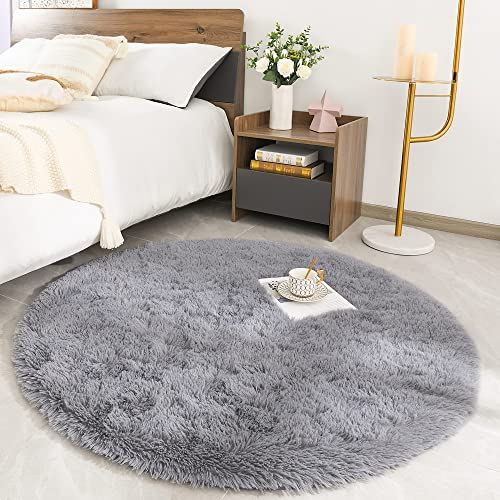 ROHATIM Alfombras Salón Redonda Pelo Largo Alfombra Habitación Dormitorio Lavables Alfombra Antideslizante Muy Suave para salón o Dormitorio, Alfombra esponjosa de Cama(Gris,Ø 100 cm Ronda)