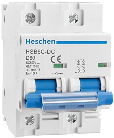 Heschen DC Miniature Circuit Breaker, HSB6C-DC, 2 Poles, DC500V 80A, Photovoltaic Circuit Breaker, for Solar PV System Solar Panels Grid System, 35mm DIN Rail Mounting