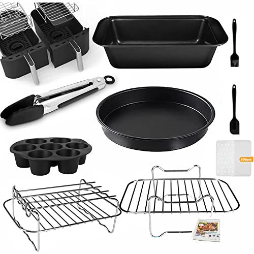Air Fryer Accessories 10pcs Set for Dual Basket, Nonstick AirFryer Accessory With Cake Pan, Pizza Pan, Multi-Layer Rack, Skewer Rack, Egg Bite Mold, Tongs, Fits Double Basket Air Fryers