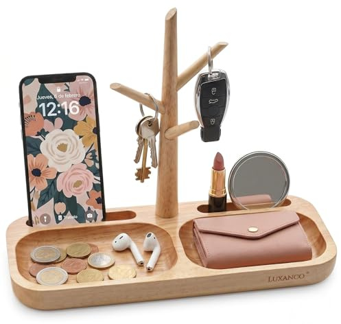 LUXANCO® Vaciabolsillos Recibidor - Bandeja Madera Decorativa con Colgador Llaves, Soporte Movil Mesa Ideal para Entraditas Recibidores - Bandejas Decorativas Porta Chaves con Atril para Movil Marrón