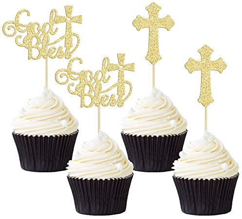 Gyufise 24Pcs God Bless and Baptism Cupcake Toppers Glitter Cross God Bless Cupcake Picks for Christian First Communion Baptism Party Cake Decorations Supplies Gold