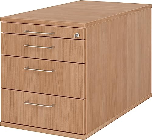 bümö Rollcontainer mit Schubladen, Container abschließbar aus Holz in Nussbaum - Rollwagen für's Büro als Schreibtisch Unterschrank, Bürocontainer od. Schreibtischcontainer mit Bügelgriffe