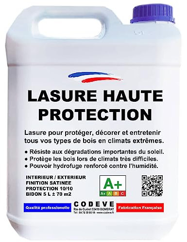 Lasure Haute Protection - Codeve Bois/Incolore - 5 L - Intérieur/extérieur - Pour Une Protection Optimum De Vos Bois En Climat Extrême.