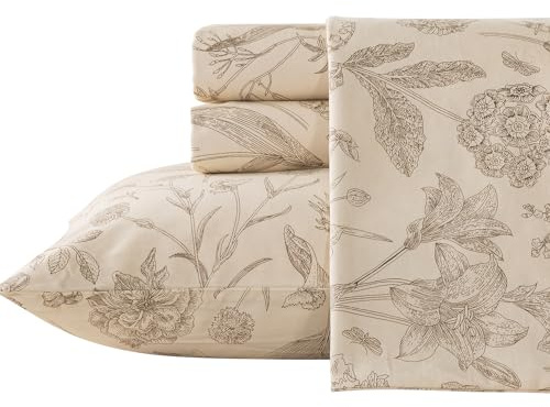 Zusbest King Size Sheets 100% Percale Cotton Beige Floral Bed Sheet Set, Brushed Extra Softness, Breathable Luxury Toile Flannel Sheets Like Khaki Flower Print Deep Pocket Bed Set 17.5'' 4 Pcs