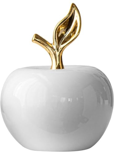 Uonlytech Keramik Apfelfigur Dekorative Kleine Statue mit Goldenen Blättern Realistisches Fruchtmodell für Wohnzimmer Büro Partydeko