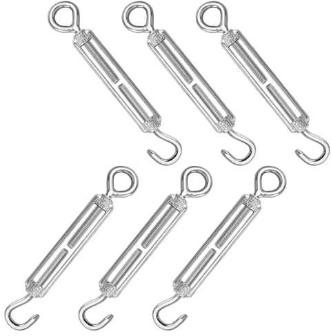 Seimneire 6 Pcs M5 Hook & Eye Turnbuckles 304 Stainless Steel Turnbuckle, Adjustable Turnbuckle Tension Hook, Tension Turnbuckle Wire Rope Tensioner for Cable Clothline Line