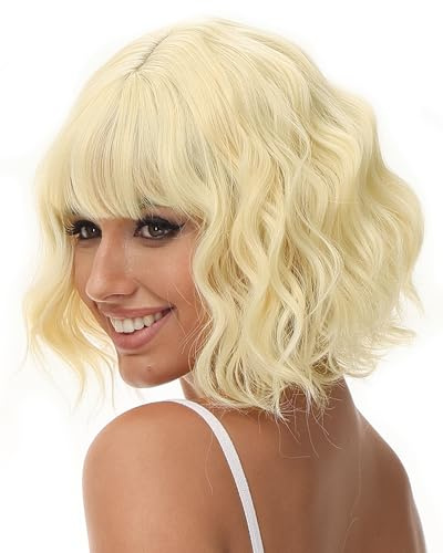 Luxiremi Wigs Blonde Kort lockig axel Bob peruk med frans Syntetisk Cosplay Peruk för kvinnor