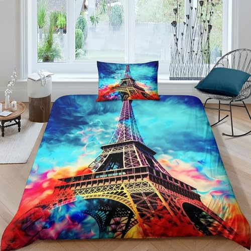 ZHUICHENG Torre eiffel 3D Set Di Biancheria Da Letto Per Adulti E Bambini,2 Pezzi Per Letto Singolo,Matrimoniale,re Size,con Tema Parigi Copripiumino E Federa,Microfibra,con Lampo singolo（135x200cm）