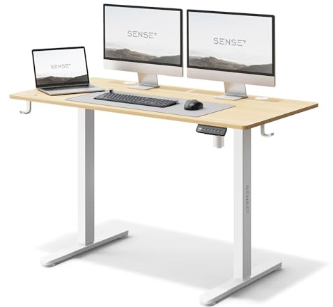 SENSE7 Bureau Électrique NOJO 120x60 - Debout avec Mémoire, Plateau pour Câbles, Crochets - Réglage en Hauteur Silencieux - White-Pine
