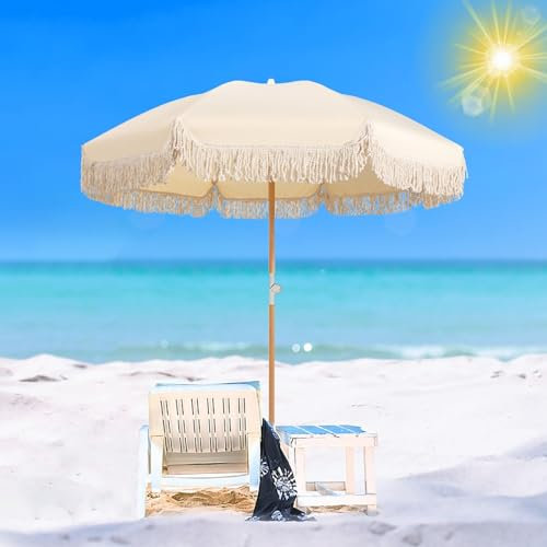 Sonnenschirm Strand 6ft Beige Regenschirm Mit Fransen Neigung Tragbarer Outdoor-Schirm Wasserdichter Strandschirm Für Sand UV-Schutz Terrassenschirm 8 Rippen Faltbar Mit Aufbewahrungstasche Für Garte