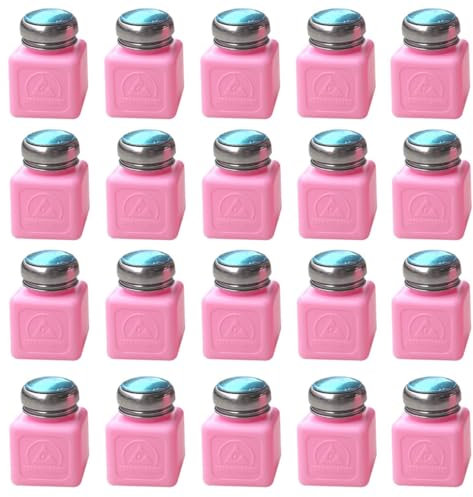 Lot de 20 flacons de solvant de 100 ml | Flacon carré antistatique | EPA ESD Safe One Touch Press Distributeur de liquide en acier inoxydable pour frotter l'alcool/vernis à ongles Distributeur de