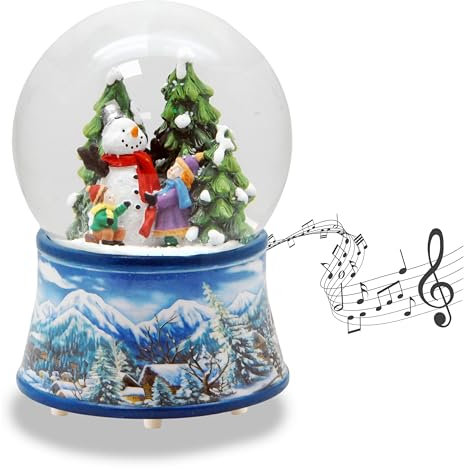 Schneekugel Weihnachten Spieluhr | 2 Kinder Bauen Schneemann | Sockel Winterlandschaft hellblau | mit Musik | H:14 cm B: 10 cm | Schüttelkugel | 20267