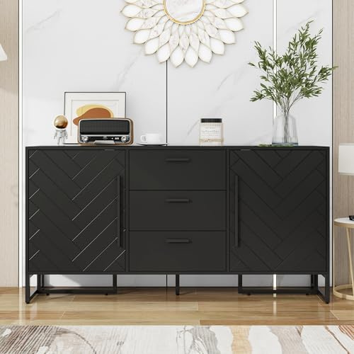 Merax Sideboard mit 2 Türen, 3 Schubladen, Kommode Anrichte Buffetschrank Beistellschrank Mehrzweckschrank, für Esszimmer und Wohnzimmer, 145×40×75cm/Schwarz