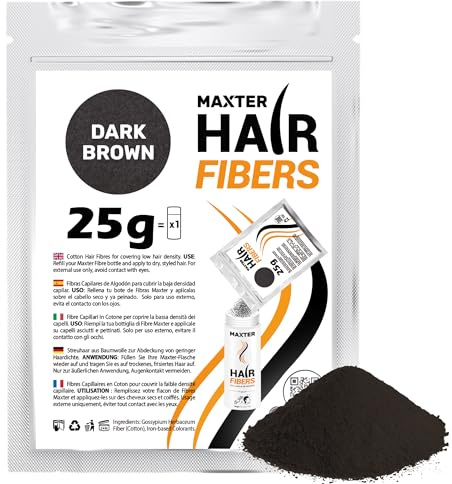 Maxter Fiberpåfyllningsbar påse mörkbrun 25 g - 100 % naturligt pulver bomullshårfibrer för att dölja skallighet och alopeci direkt - hårfiber för män och kvinnor