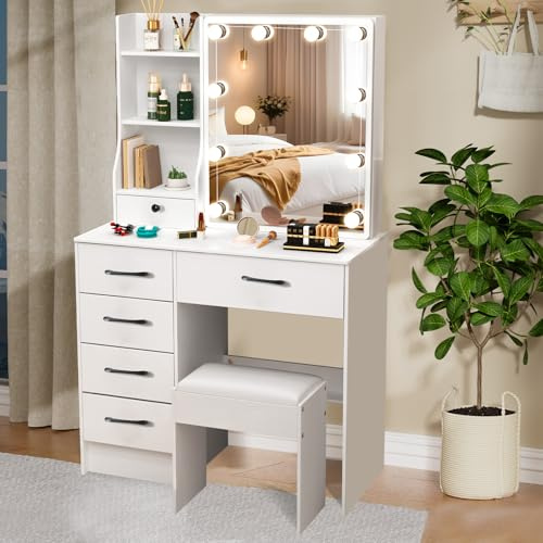 Vanrste Toeletta Trucco con Specchio e Sgabello, Luci LED Regolabili, Tavolo da Trucco con 6 cassetti + 6 ripiani, Toeletta Moderna per camera da letto, 80 x 36 x 131 cm Bianca