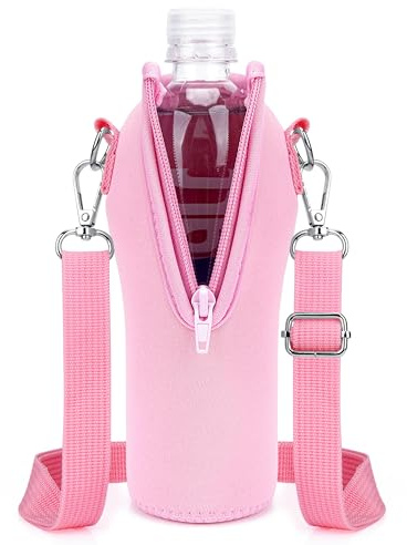 Linkidea Porte-bouteille jetable avec sangle, compatible avec Smartwater 500 ml/600 ml, Evian, porte-bouteille isotherme en néoprène avec clip pour sac à dos (Rose)