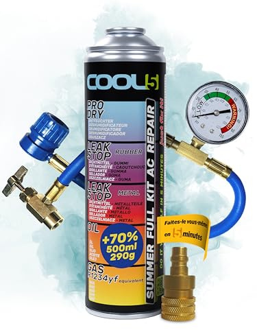 COOL5 recharge gaz de remplacement r1234yf, réfrigérant de remplacement r1234yf pour climatisation automobile - 1 boîte 5en1, 290 g + tuyau de mesure + adaptateur + APC 500ml