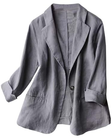 Generisch Leinenblazer Damen Sportlich Blazer Damen Jacke in Übergröße, Slim Fit, Baumwolle Leinen, leicht, einfarbig, mit einem, 7/4-Ärmel Mantel Sommerjacke (Grey, XXXXL)