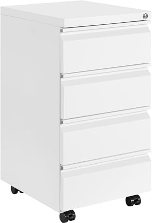 HOMSTEEL Rollcontainer, Mobiler Aktenschrank mit Schloss, 4 Schlüssel, 4 Schubladen, Büroschrank aus Metall, Bereits Vormontiert, für Büro, Heimbüro, Weiß