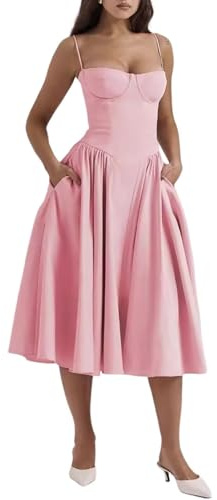 Shuanghao Chic et Elegant Femme d'été Robe à sans Manches Bretelles Spaghetti Corset Sexy Longue Taille Slim Fit Robes Casual A Line Swing Sun Jupe avec Poches Fête Plage Soirée Midi Robe Rose XL