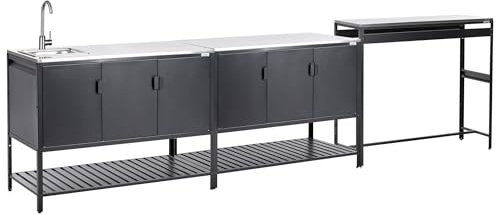 Beliani Outdoor-Küchenschrank 3-teilig Stahl schwarz mit Spüle Bartisch Edelstahlplatte Silber Maenza