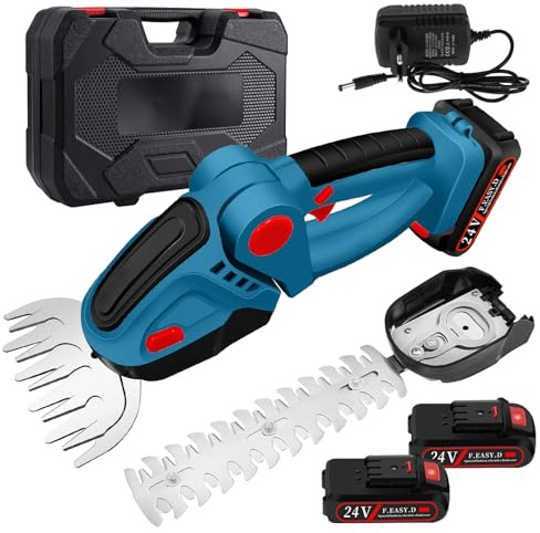 ROCKY&CHAO 24 V Akku Heckenschere & Grasschere 2‑in‑1–schnurloser Rasenkantenschneider mit  2 * 1500 mAh Akkus, SK5‑Klingen 12 cm / 23 cm,handliche Rasenschere Strauchschere für Garten & Rasen