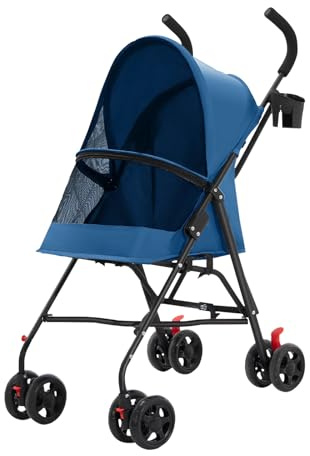 Poussette Pour Chien, Panier pliable Chien xxl Roues avec Freins à 360°，Les Petits et Chiens âgés (bleu)