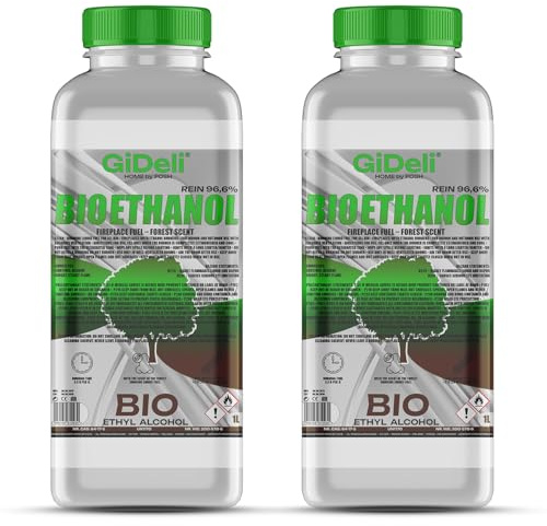 GiDeli Lot de 2 bio-éthanol Parfum forêt 96,6 % éthanol pour intérieur et extérieur Sans fumée ni suie Fabriqué à partir de maïs et de betterave sucrière 2 x 1 l