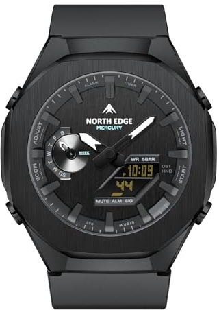 NORTH EDGE Mercury Men’s Digital Analogue Watch, Dual Time, Stopwatch, Countdown Timer, World Time, 5 Alarms,Military Style Sports Watch (Black, Black, Thermoplastic Polyurethane (TPU))