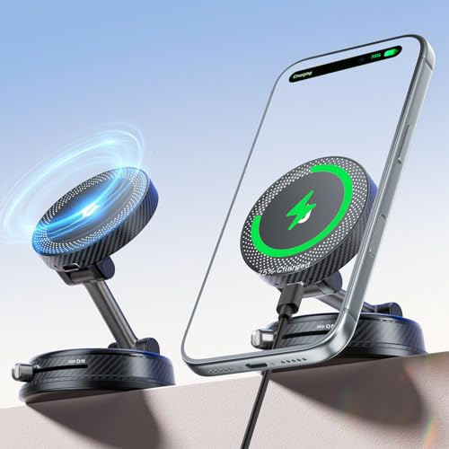 CloudValley Only for iPhone Magnetic Car Mount Charger [15W Fast Wireless Charging] Compatible with MagSafe, Super Strong Vacuum Suction, 360° Adjustable Foldable Stand for Car Dashboard/Windshield