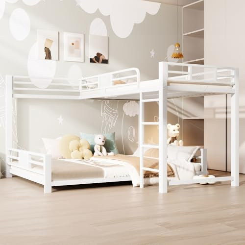 Cayipng Litera 90 x 200 + 140 x 200, cama alta 90 x 200 con plataforma 140 x 200 cm, cama de matrimonio 3 personas en forma de L de metal con barandilla, escalera 4 peldaños rectos, sin colchón