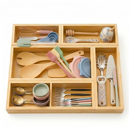 AJIEQAQ Schubladen Organizer aus Naturbambus 5er Set | Stapelbar, Aufbewahrungsbox Holz, Schreibtisch Organizer, Besteckkasten, Make-Up Aufbewahrung für Küche, Bad & Büro
